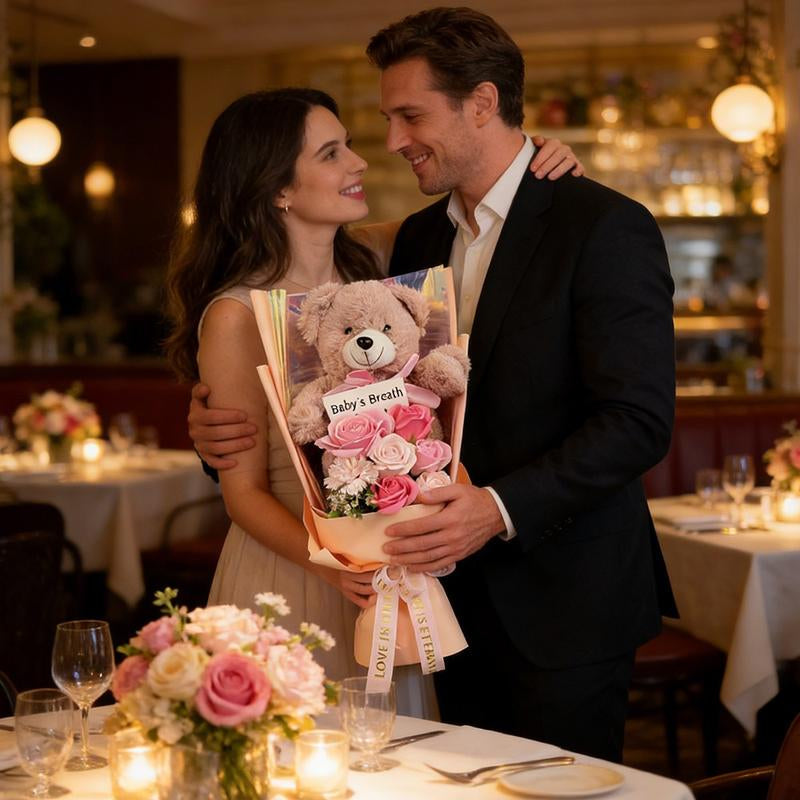 Preserved Rose Bouquet Flowers with Teddy Bear - Celebration, Anniversary, Birthday, Flower Arrangement, Flower Gift, Everlasting Rose, Flowers, for Women,Gift Mother'S Day, Gift Boxes