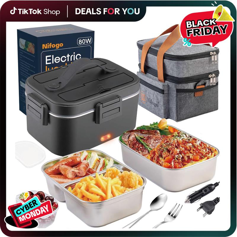 Electric Lunch Box Food Heater 80W，12V/24V/110V Self Heating Lunchboxfor Work/Car/Truck with Insulated Bag，1.5/1.8L,Dealsforyoudays