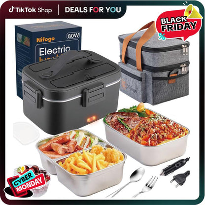 Electric Lunch Box Food Heater 80W，12V/24V/110V Self Heating Lunchboxfor Work/Car/Truck with Insulated Bag，1.5/1.8L,Dealsforyoudays