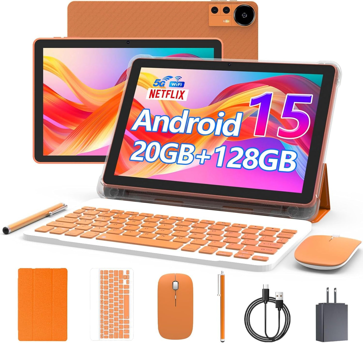 Android 15 Tablet 10 Inch, 20GB RAM+128GB ROM/ 2TB Expandable, 2.0Ghz Quad-Core Processor, 1280*800 HD Screen, 5G Wifi6 BT 5.0, 2 in 1 Tablets with Keyboard Case Mouse Stylus, Widevine L1 Blue