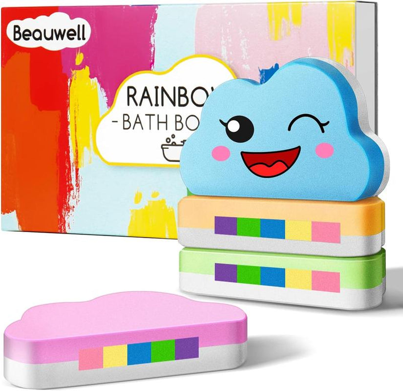 Rainbow Bath Bombs for Kids, Handmade 4 Pcs Kid Bath Bombs Gift Set, Easter Basket Stuffers & Valentine Gifts for Kids Girls Bubble Bath