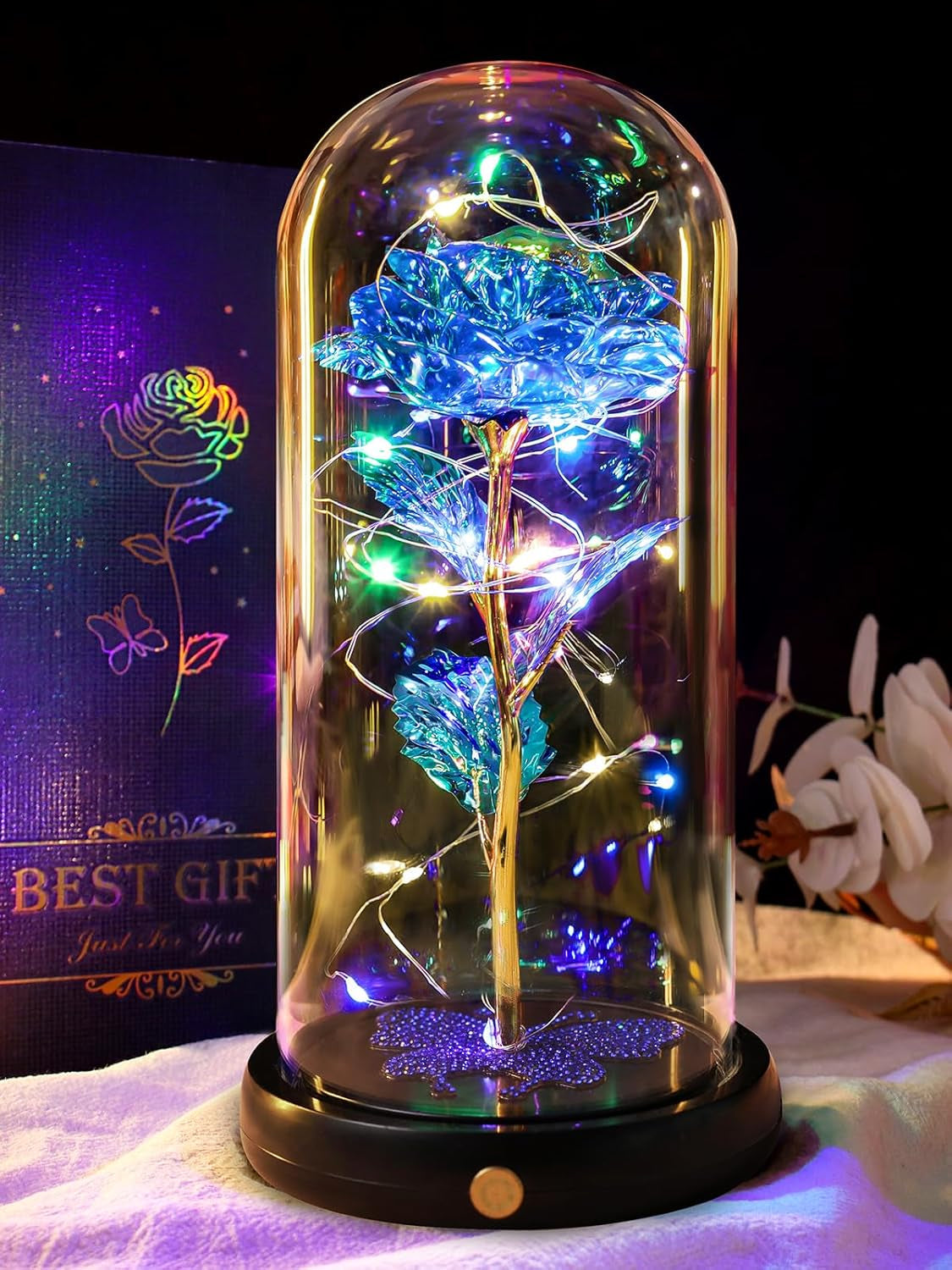 Valentines Day Birthday Gifts for Her Women Blue Rose Eternal Flower Light up Rose in Glass Dome with Butterfly, Valentine'S Flowers Gifts for Her Wife Mom Girlfriend Delivery Prime Anniversary