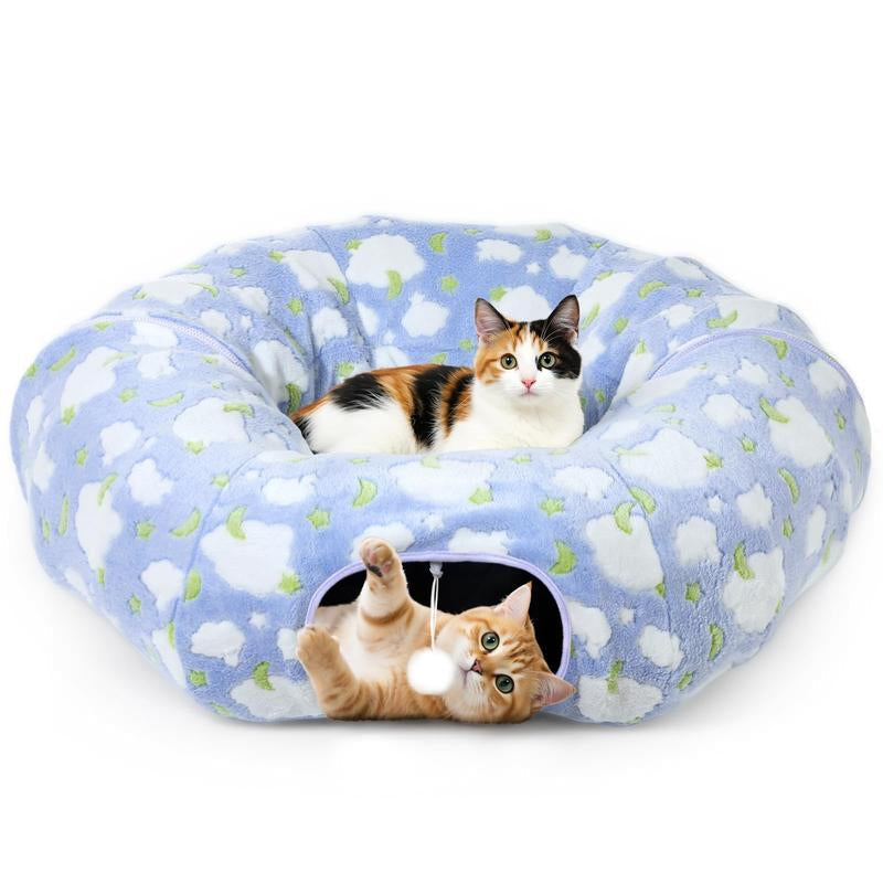 Cat Tunnels for Indoor Cats, 35'' Plush Cat Tunnel Bed Christmas Tree Skirt with Playful Ball and Circle Cushion, Foldable Peekaboo Cave, Interactive Toy