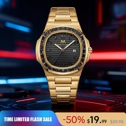 Brand Counter Authentic Premium Boutique Luxury Square Wristwatch – Rainbow Crystal Accents | High‑End Men’S Timepiece with Diamond Mirror Finish | Versatile Casual & Business Look | Ideal Gift for Him | Stylish Wristwatch with Date Function
