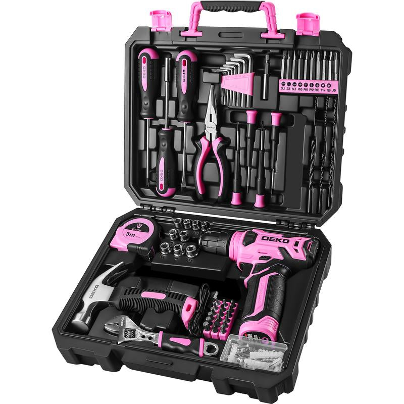 DEKOPRO 126-Piece Pink Household Tool Set with 8V Cordless Drill, Rechargeable Battery, All-In-One Compact Tools Kit, Perfect Christmas Gift, Ideal for Home Repairs & DIY Projects