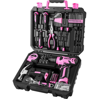 DEKOPRO 126-Piece Pink Household Tool Set with 8V Cordless Drill, Rechargeable Battery, All-In-One Compact Tools Kit, Perfect Christmas Gift, Ideal for Home Repairs & DIY Projects