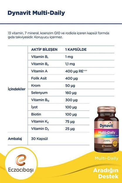 Dynavit Multivitamin Supplement - Comprehensive Vitamins &amp; Minerals with Koenzim Q10 &amp; Rodiola Extract