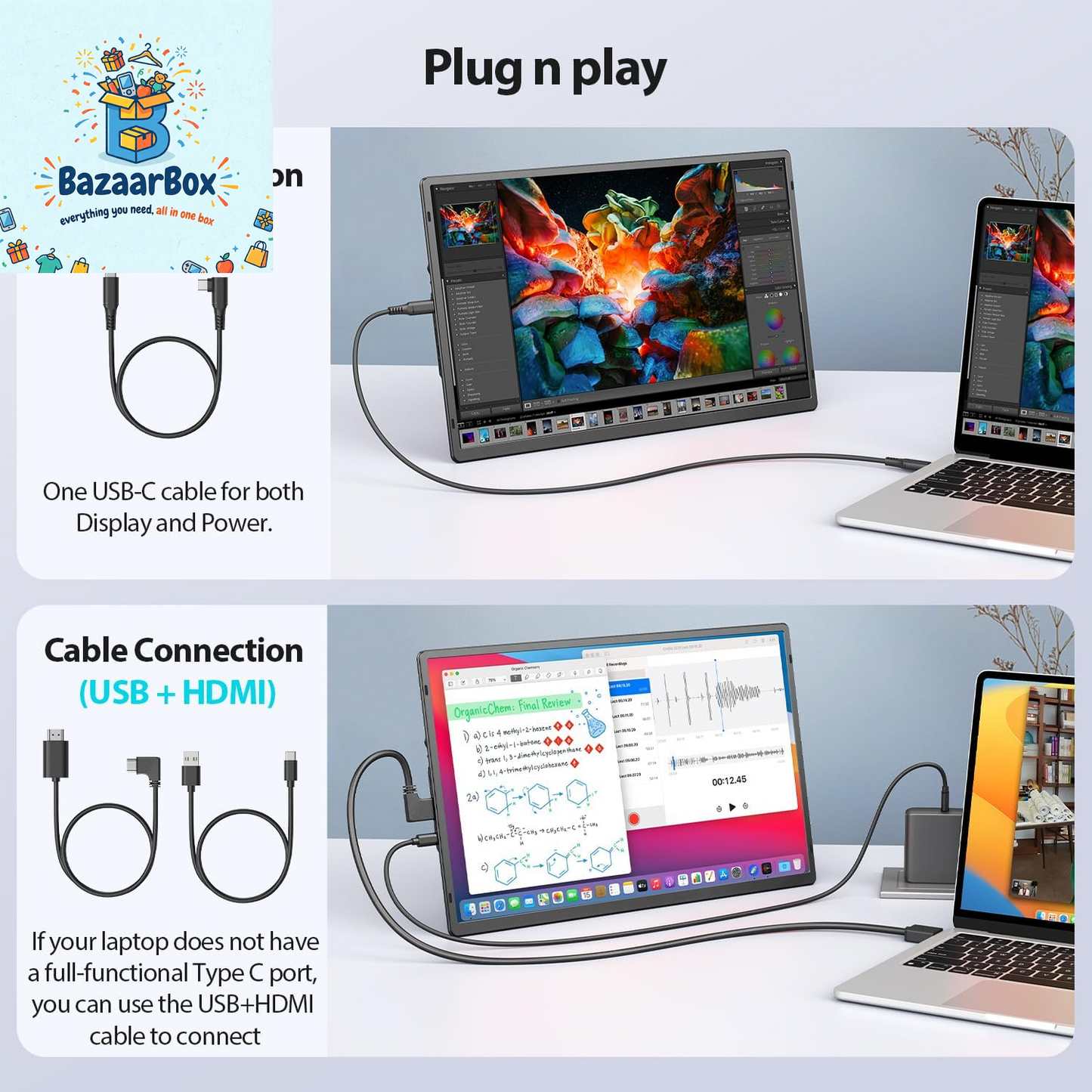 16.2'' Portable Monitor FHD 1200P USB-C/HDMI with Retractable Stand & Speakers, Ultra-Slim Computer Display HDR Eye Care Laptop Screen Plug-Play, External Monitor for MAC PC Phone PS4 Xbox