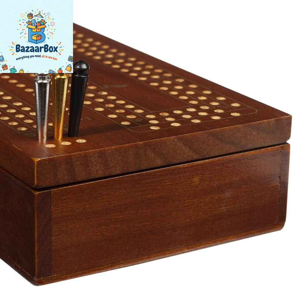 3 Player Wood Cribbage Set - Easy Grip Pegs and 2 Decks of Cards inside of Board - Walnut Stained