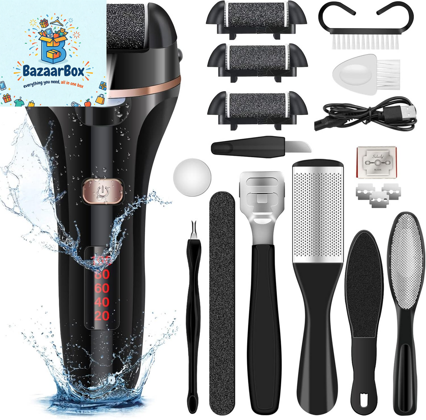 Electric Foot File Callus Remover, Rechargeable Pedicure Tools Foot Care Kit, Callus Remover for Feet with 3 Roller Heads,2 Speed for Remove Cracked Heels Calluses and Hard Skin