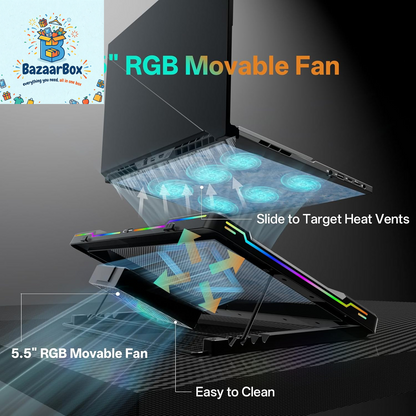 Movable RGB Laptop Cooler with 5.5" Sliding Fan, Ergonomic Cooling Stand with 8 Light Modes for 14-17.3 Inch Gaming Laptops